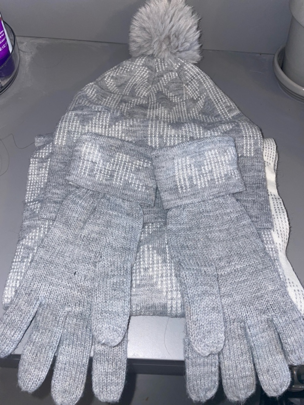 Michael Kors Gray Knit Pom Beanie and Glove Set